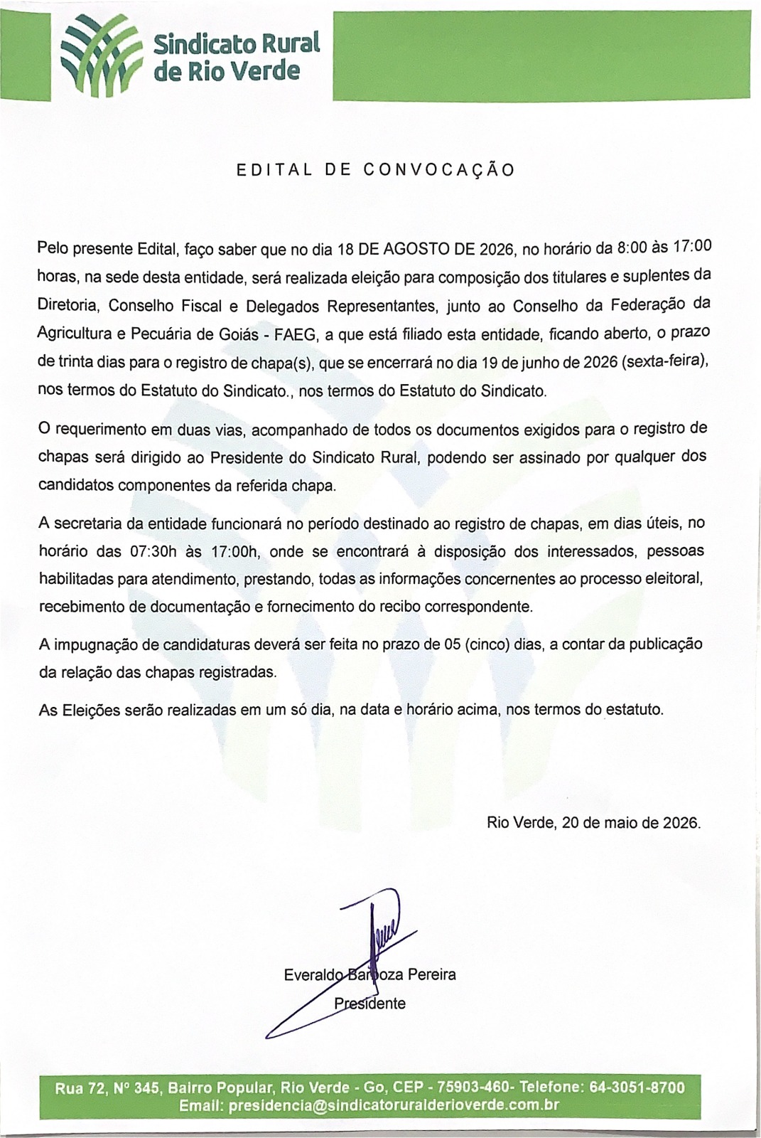 Leia mais sobre o artigo Sindicato Rural de Rio Verde abre prazo para registro de chapas das eleições 2026